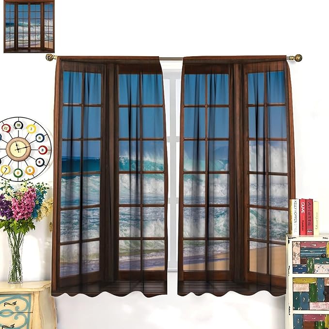 Ocean Beach Curtains,Waves Crashed Beach Hawaiian Seaside Scene Pattern Blackout Print Home Bedroom Living Room Window Treatments 2 Panel Set 55x63 Inch