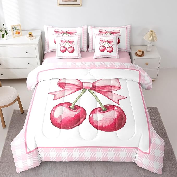 7 Pieces Cherry Bowknot Kids Comforter King,Geometric Plaids Grids Patchwork Fashion Bedding Set,Bow Tie Princess Dreamy Pink Cute（Comforter+Fitted+Flat Sheet+2 Pillowcases+2 Throw Pillow Covers）