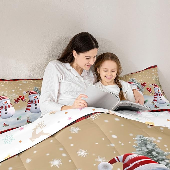 Cartoon Snowman Kids Christmas Comforter Set Twin Size,Pines Snowflake Rustic Bedding,Girls Boys Adults Bedroom/Xmas Cabin Decor,Grids Geometric Down Comforter,Farmhouse Duvet Insert,1 Pillowcase