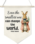 Retro Rabbit Wall Hanging Banner-Even the Smallest One Can Change the World- Canvas Poster,Inspirational Decor for Kids Room,Nursery, Newborn Gift from Parents or Grandparents(KD31)