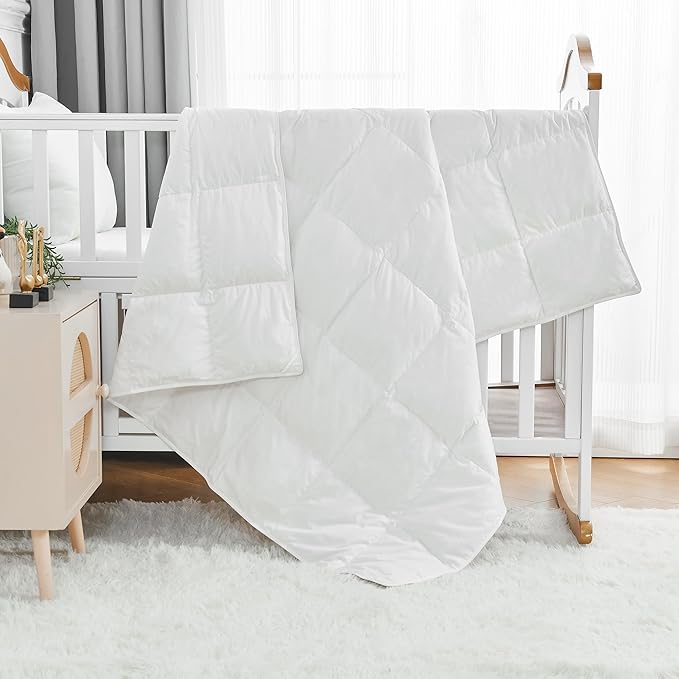 Toddler Goose Down Comforter Lightweight Summer Cooling Baby Duvet Insert, Hypoallergenic 100% Organic Cotton Crib Quilted Washable Nursery Blanket with Corner Tabs, White 33x43 Inches