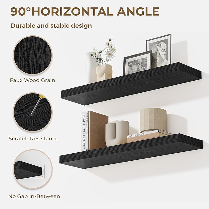 Dreamland 36 Inches Floating Shelves for Wall, 9.3" Deep Long Floating Shelves Set of 2, Large Display & Storage Shelf, Wall Shelf for Bathroom Bedroom Living Room Kitchen Office, Black
