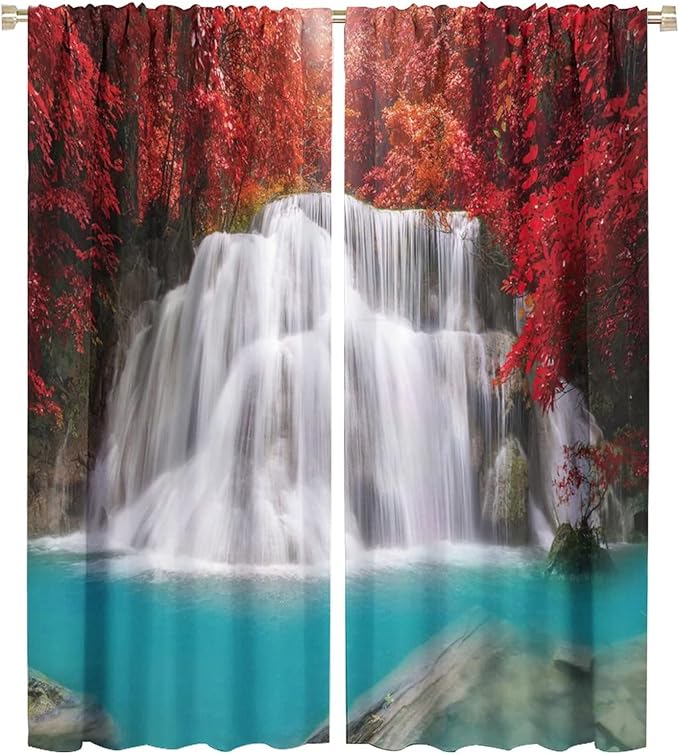 Red Forest Waterfall Blackout Windows Curtains, Tree Landscape Woodland Scenic Nature Fall Scenery Art Printed Curtains, for Living Room Bedroom 42x54in 2 Panels