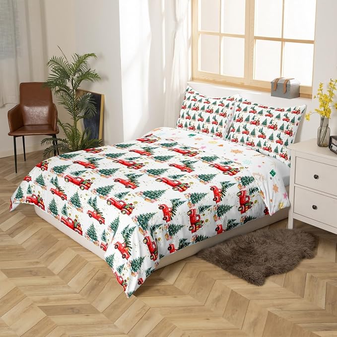 Feelyou Christmas Duvet Cover Boys Christmas Tree Bedding Set for Kids Teens Ultra Soft Cartoon Car Comforter Cover Set Watercolor Xmas Theme Bedspread Cover Room Decor Queen Size Bedclothes Zipper