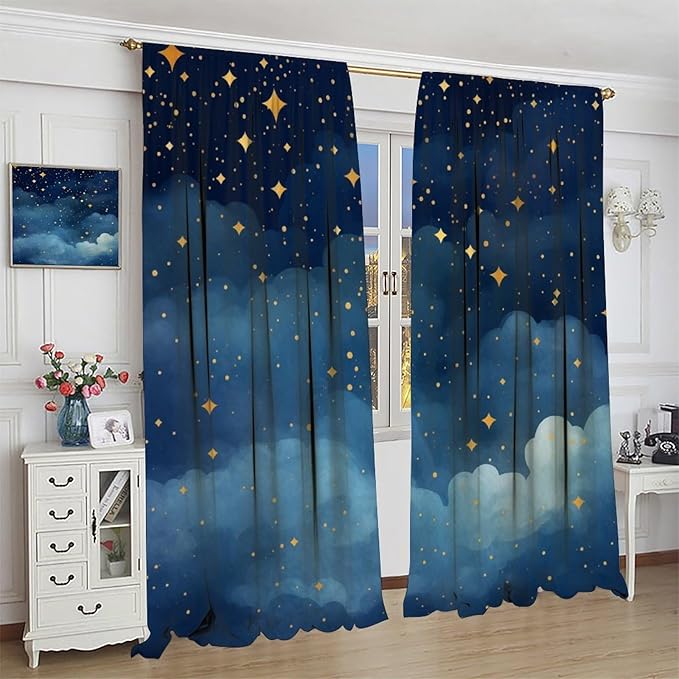 Night Sky Stars Curtain for Kids, Blue Starry Space Galaxy Pattern Window Treatments for Boys Girls Bedroom Toddlers Room Living Room 72" W X 63" L