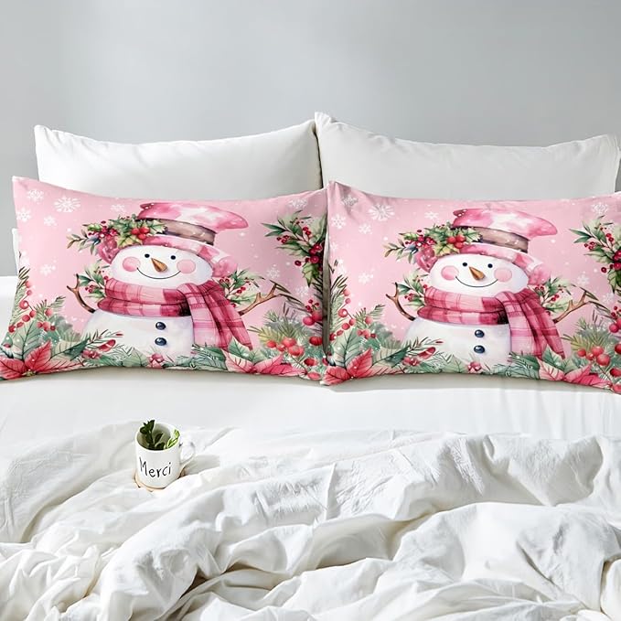 Manfei Xmas Snowman Duvet Cover Set Twin Size, Leaves Flower Snowflake Comforter Cover with 1 Pillowcase, Christmas Pink Bedding Set 2pcs for Kids Boys Girls Lightweight Bedspread Cover,No Comforter