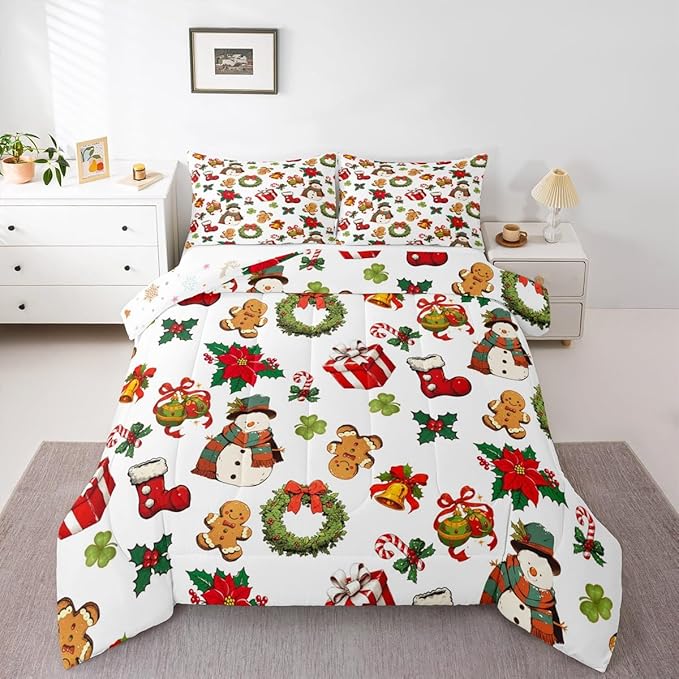 jejeloiu Merry Christmas Comforter Set Toddler Size Cute Snowman Bedding Set for Kids Boys Girls Gingerbread Man Duvet Quilt White Bedroom Decor
