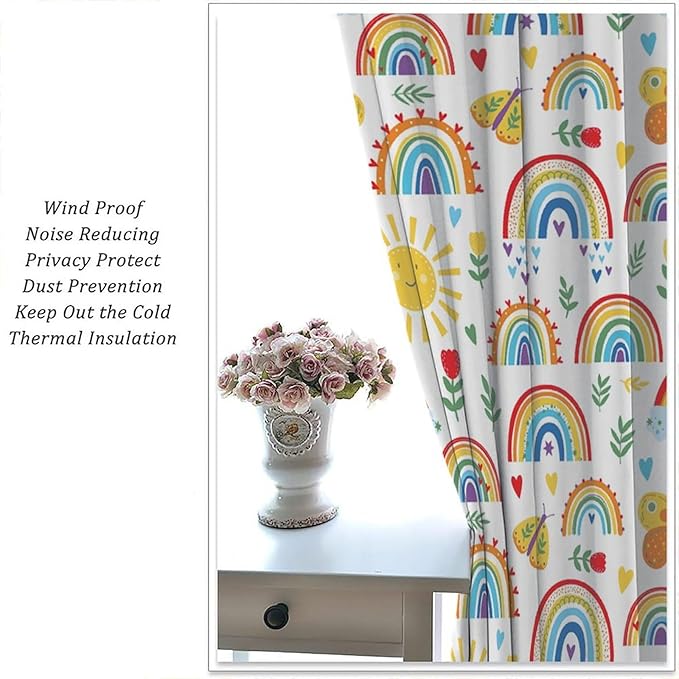 Boho Rainbow Curtains for Kids Nursery Colorful Floral Sun Star Clouds Pastel Bohemian Pattern Print Window Drapes for Girl Bedroom Living Room Kitchen Decor,2 Panel Set,84Wx84H Inch Blackout