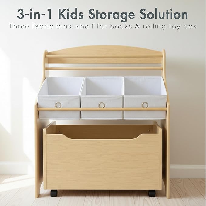 Humble Crew 3-in-1 Kids Bookshelf and Toy Storage Organizer, Natural/White - Toddler Organizers with Rolling Toy Box and 3 Fabric Bins – Sturdy Baby Book Shelf, Perfect for Nursery and Playroom