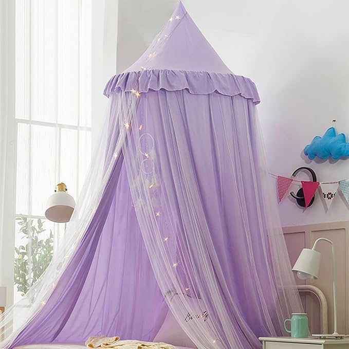 Bed Canopy for Girls, Double Layer Dome Mosquito Net Princess Canopy for Girls Bed Room Decor Reading Nook (Purple)