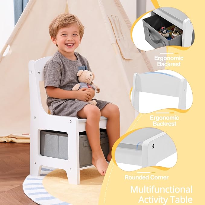 Kids Table and Chairs Set, 3 in 1 Wooden Toddler Table with Storage Drawer and Detachable Tabletop, for Children/Toddler/Baby Drawing Reading Playing, White and Gray