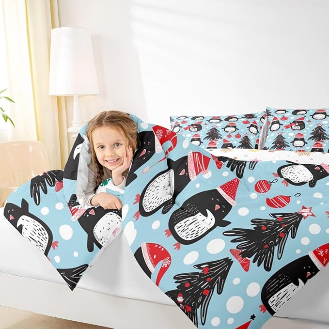 Feelyou Christmas Comforter Set All Season Penguin Bedding Set with 1 Pillow Cases Xmas Tree Microfiber Kids Toddler Bedclothes Christmas Balls Bedroom Decor Duvet Quilt Breathable Soft Lightweight
