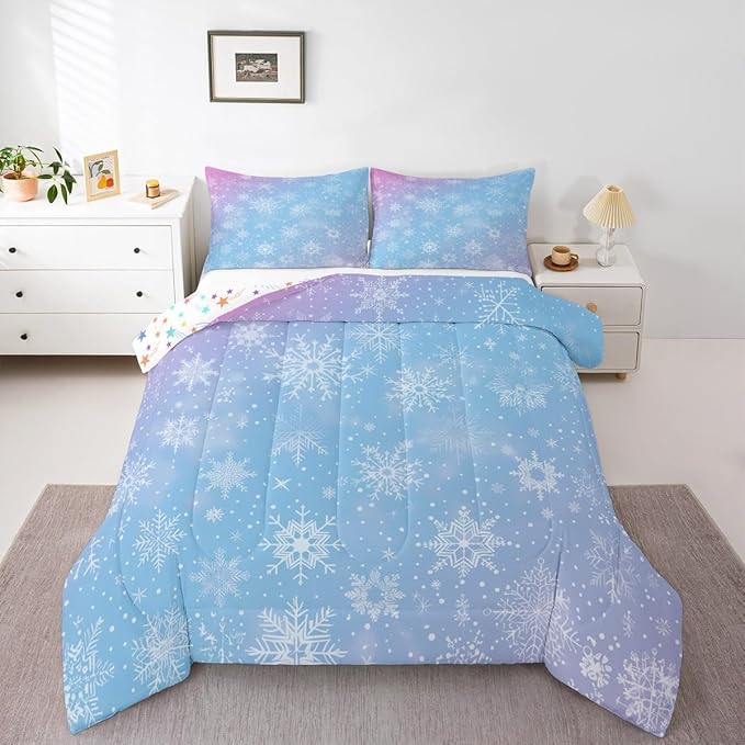 Feelyou Christmas Comforter Set All Season Winter Snowflake Bedding Set with 1 Pillow Cases Blue Purple Gradient Microfiber Kids Toddler Bedclothes Bedroom Decor Duvet Quilt Breathable Soft