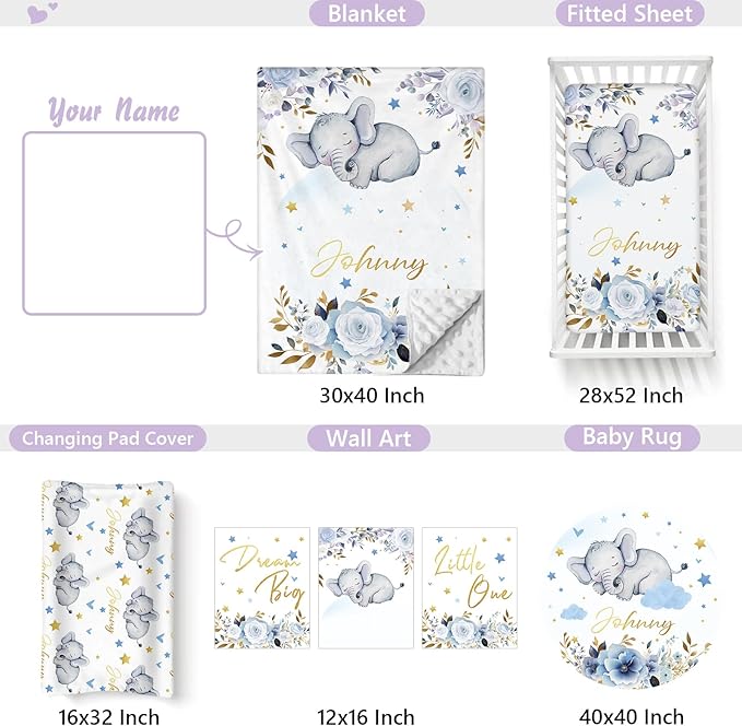 Personalized Baby Crib Bedding Set, 5 Pcs Custom Name Nursery Bedding Set for Girls Boys, Blue Elephant Baby Crib Set for Toddlers Infants, Double Layer Bedding Crib Sets Customized Gifts