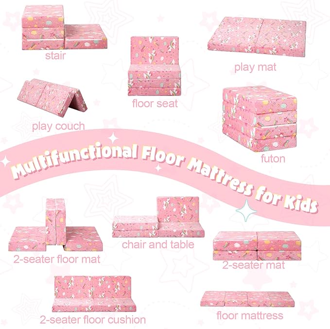 MeMoreCool Foldable Floor Mattress for Kids, Glow Toddler Nap Mat for Sleeping and Daycare, Portable Trifold Futon Mattress Floor Bed, Unicorn