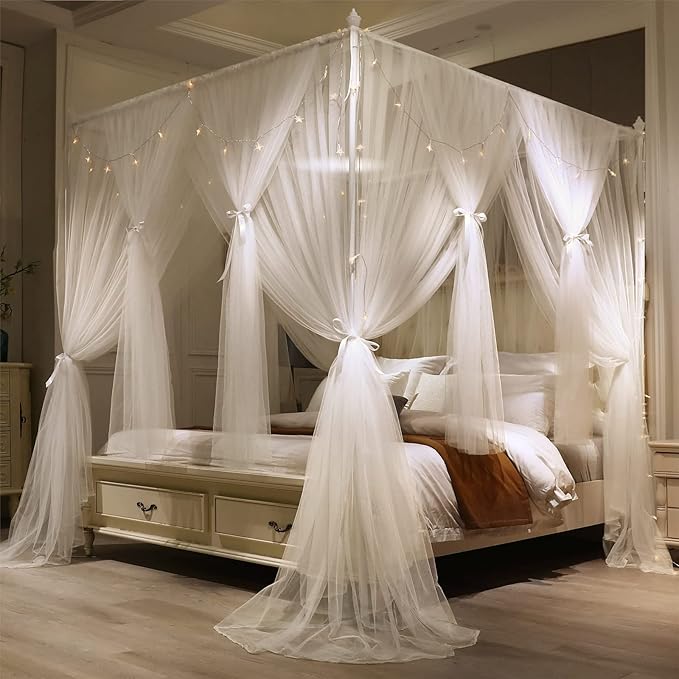VETHIN 4 Corners Post Princess Bed Canopy Curtain Double Layer Cozy Drape Netting 4 Opening Mosquito Net for Girls & Adults Bedroom Decoration Accessories (Double White, 53" W*78" L*82"*H/(Full))