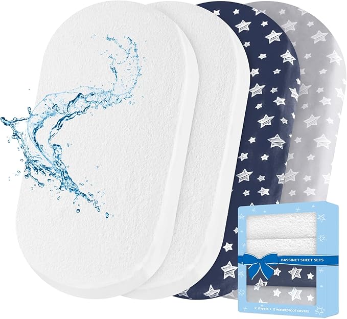 Bassinet Sheets & Waterproof Bassinet Mattress Pad Protector 4 Pack Set, Viscose Terry, Universal Fit for Oval, Hourglass and Rectangular Mattress, Grey & Navy