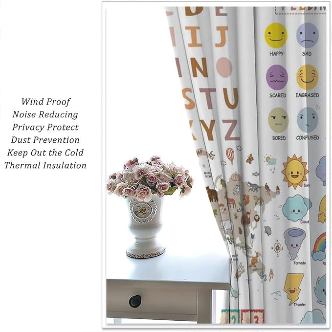 Kids Educational Curtain,Pastel ABC Alphabet Continents Map Numbers Shapes Weather Learning Tools Boy Girl Nursery Rod Pocket Blackout Window Treatments for Bedroom Living Room 42" W X 63" L