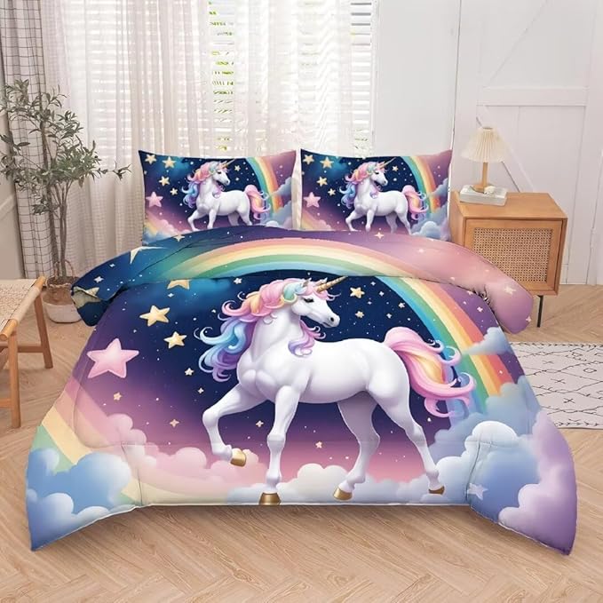 kxry Unicorn Galaxy Comforter Sets Queen Size Cartoon Blue Sky Rainbow Bedding Set Star Cloud Bedding Quilt for Kids Teens Girls 1 Comforter+ 2 Pillowcases