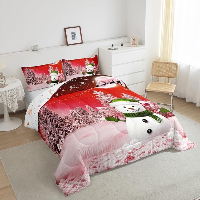 Feelyou Kids Merry Christmas Decorations King Size Comforter Set Xmas Snowman Bedding Set Red Quilt Set Soft Warm Lightweight Duvet Set