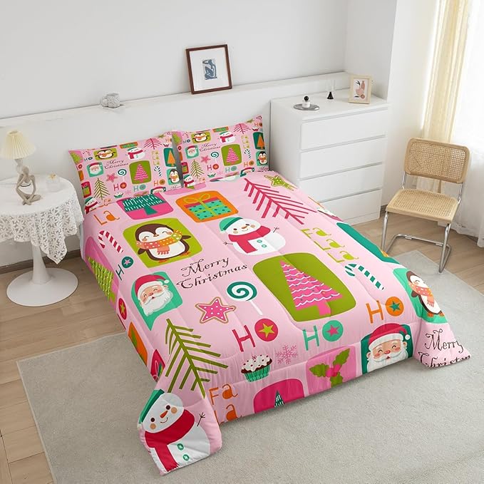 Erosebridal Christmas Kids Comforter Set Twin Size Cartoon Santa Claus Quilts Boys Girls Room Decor Merry Xmas Penguin Bedding Set Christmas Tree Snowman Down Comforter,Pink