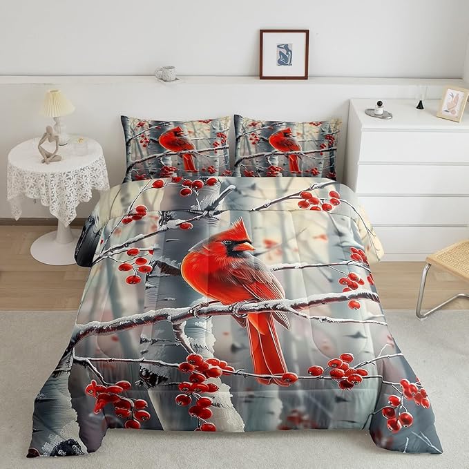 jejeloiu Kids Red Cardinal Comforter Set Full Size Christmas Theme Bedding Set for Boys Girls Teens Xmas Birds Winter Rustic Country Farm Animal Duvet Quilt Room Decor
