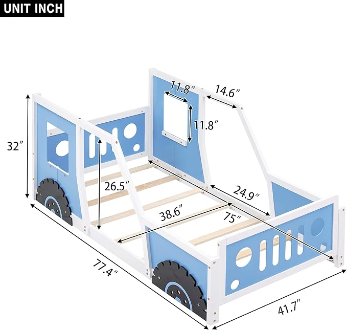 Merax Twin Size Classic Car-Shaped Platform Bed with Wheels, Wood Car Bed Frame for Boys, Blue