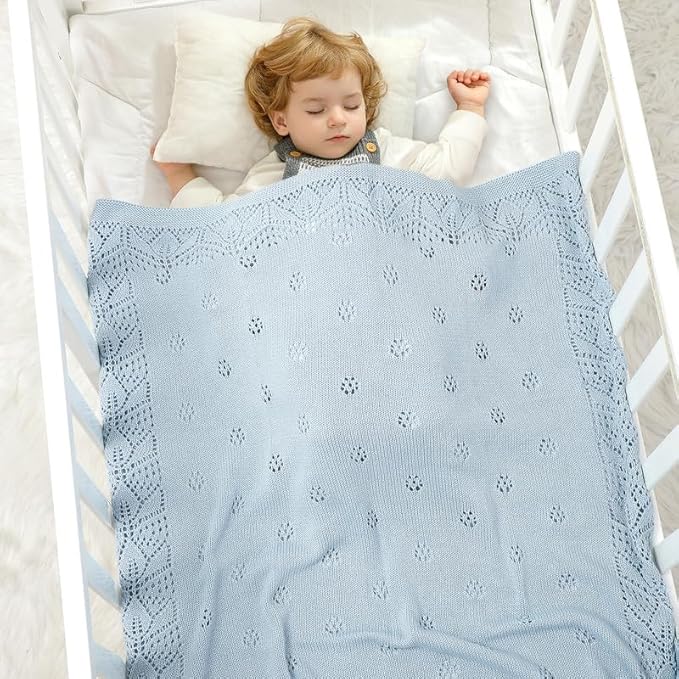 LAWKUL Cellular Blanket Baby 100% Cotton Knitted Soft Blankets Knit Crochet Newborn Swaddle Boy Girls Toddler Blue 100x80cm