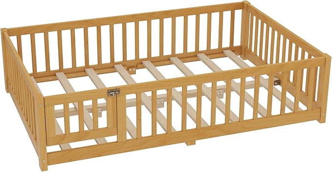Harper & Bright Designs Full Floor Bed with Safety High Fence, Wood Montessori Bed with Door, Full Size Floor Beds with Solid Wood Support Slats for Boys, Girls, Kids, Natural