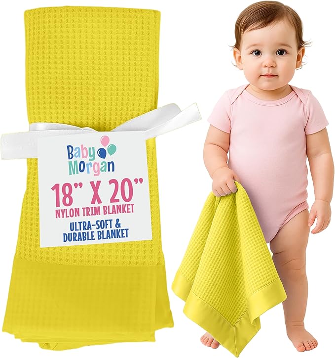 Thermal Waffle Knit Baby Blanket - Soft Breathable Mini Blanket for Newborns and Infants - Toddler Blankey for Strollers, Travel, Naptime, Nursery & More - 18" x 20" (Yellow, Nylon Trim)