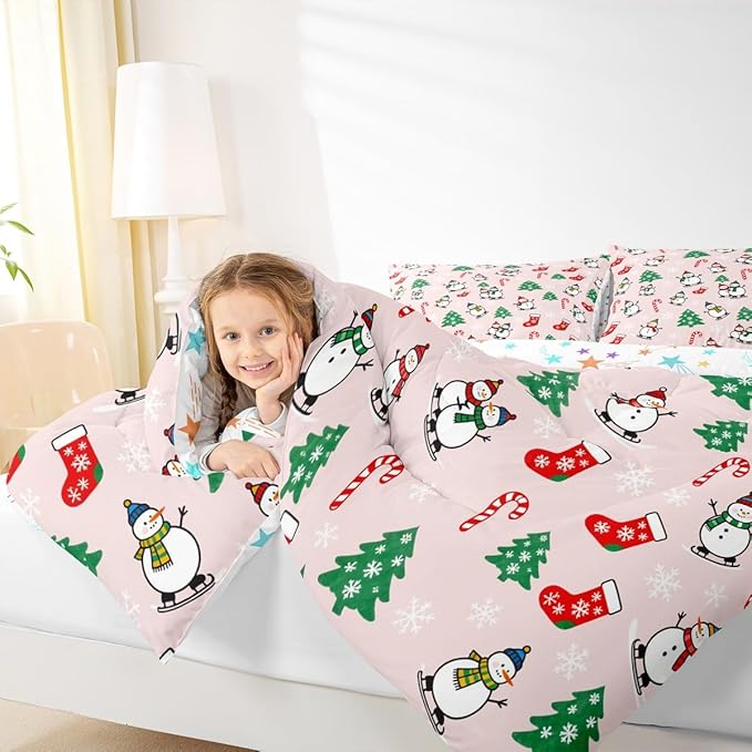 Feelyou Pink Christmas Comforter Set Full Size Snowman Bedding Set for Kids Boys Girls Snowflake Duvet Quilt Xmas Tree Bedroom Decor Microfiber 3 Pcs with 2 Pillow Cases