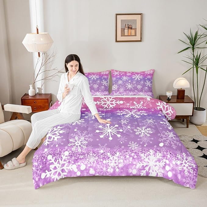 Feelyou Christmas Comforter Set All Season Pink Purple Bedding Set with 1 Pillow Cases Winter Snowflake Microfiber Kids Toddler Bedclothes New Year Holiday Bedroom Decor Duvet Quilt Soft Lightweight