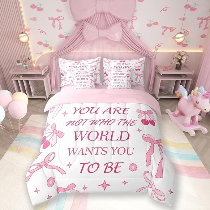 7 Pieces Pink Bowknot Kids Comforter Set Full,Cherry Tropical Fruit Cute Princess Bedding Set,Bow Tie Stars Daisy Floral Romantic（Comforter+Fitted+Flat Sheet+2 Pillowcases+2 Throw Pillow Covers）