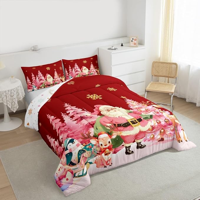 jejeloiu Merry Christmas Comforter Set Queen Size Santa Claus Bedding Set for Kids Boys Girls Cute Deer Duvet Quilt Red Bedroom Decor