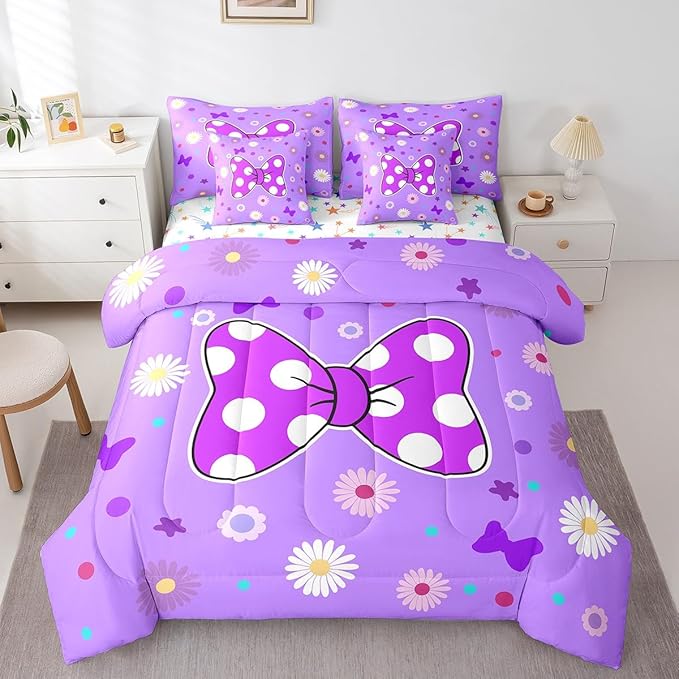 7 Pieces Purple Bowknot Kids Comforter Set King,Star Daisy Floral Geometric Dots Patch Bedding Set,Bow Tie Princess Cute Romantic（Comforter+Fitted+Flat Sheet+2 Pillowcases+2 Throw Pillow Covers）