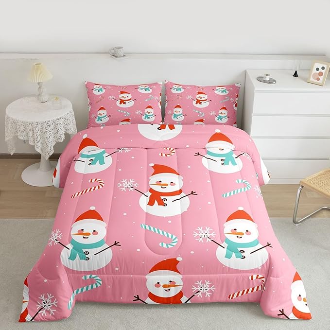 Feelyou Pink Christmas Bedding Set Soft for Boys Girls, Snowman Comforter Set Full Size Snowflake Duvet Quilt Microfiber Candy Cane Bedroom Decor 3 Pcs with 2 Pillow Cases