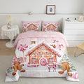 Gingerbread House Kids Comforter Set King Size,Gingerbread Man Xmas Tree Cabin Deer Bedding Set,Girls Women Room Decor,Christmas Snowflake Down Comforter,Pink Brown Duvet Insert,2 Pillowcases