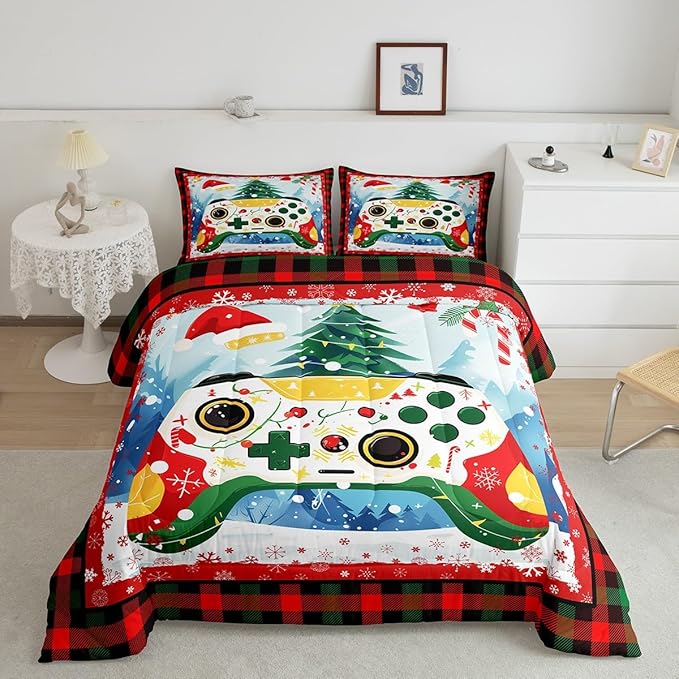 Gamer Gaming Bedding Set Full Size,Christmas Tree Snowflake Comforter Set for Kids Boys Girls Room Decor,Video Games Christmas Theme Duvet Insert 3Pcs,Red Green Plaid Xmas Quilt Set,2 Pillowcases