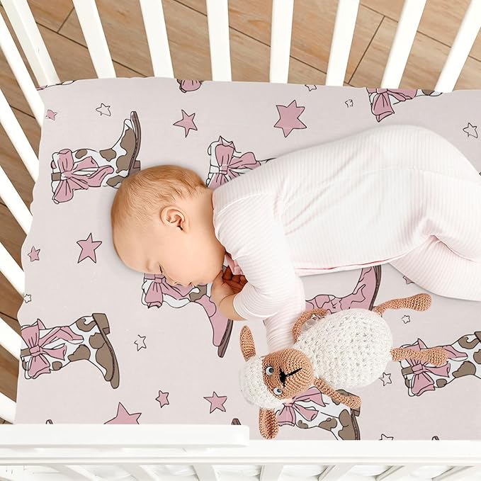 Crib Sheets for Boys Girl Coquette Bows Neutral Mini Crib Mattress Sheets Fitted, Cowgirl Boots Toddler Baby Sheets for Crib Mattress Soft & Breathable 39 * 27 * 5In