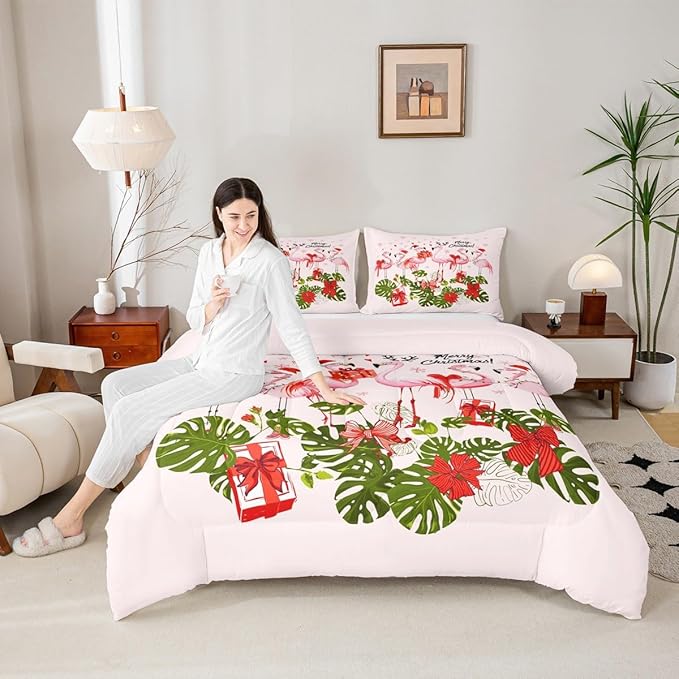 Merry Christmas Comforter Set Twin Size,Pink Flamingo Cartoon Bird Animal Bedding Set for Kids Boys Men,Winter Snowflake Green Leaves Quilted Duvet Set with 1 Pillowcase
