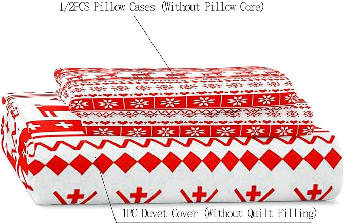 LUVIVIHOME 3PCS Christmas Duvet Cover Full Bedding Set, White Red Duvet Cover, Reindeer Snowflake Poinsettia Christmas Tree Holiday New Year Xmas Striped Christmas Comforter Quilt Cover 2 Pillow Shams