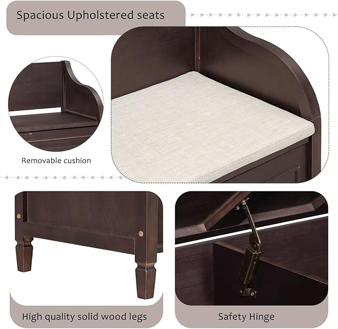 Merax Storage Bench, 41.9” Solid Wood Storage Chest with Backrest and Safety Hinge, Large Storage Space Bench with Upholstered Cushions,Supports 250 lb and Easy Assembly for Small Space, Espresso