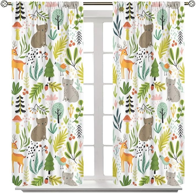 Cartoon Forest Kids Blackout Curtains,Cute Woodland Wild Animals Colorful Deer Plants Trees Print Pattern Thermal Insulation Window Drapes for Nursery Boys Girls Bedroom,White Background 42x54 Inch