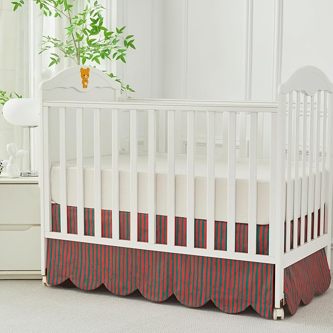 Brandream Scallop Edge Cotton Crib Skirt Toddler Bedskirt Boho Farmhouse Baby Nursery Bedding Neutral Solid Color with Red Green Stripes Christmas Holiday Chic