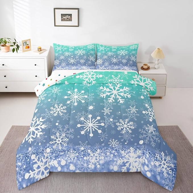 Feelyou Winter Snowflake Kids Comforter Set Queen Size Christmas Bedding Set Winter Holiday Duvet Quilt for Kids Boys Girls Bedroom New Year Decor Microfiber Ultra Soft Breathable