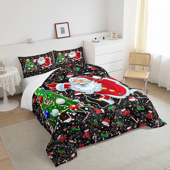 Feelyou Merry Christmas Comforter Set Santa Claus Christmas Tree Galaxy Red Black Bedding Quilt,Soft Warm Lightweight,Full Size for Girls Boys Kids 1 Comforter + 2 Pillow Cases Boys