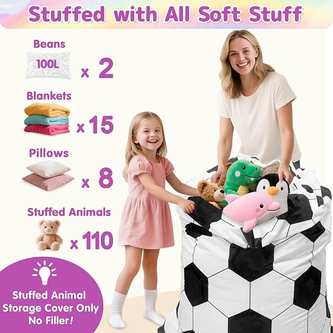 Jorbest Stuffed Animal Storage, Soccer Stuffed Animal Bean Bag Storage, Soccer Bean Bag Chair Cover for Kids, Luxury Velvet Stuffie Seat - Cover ONLY (200 L/52 Gal)