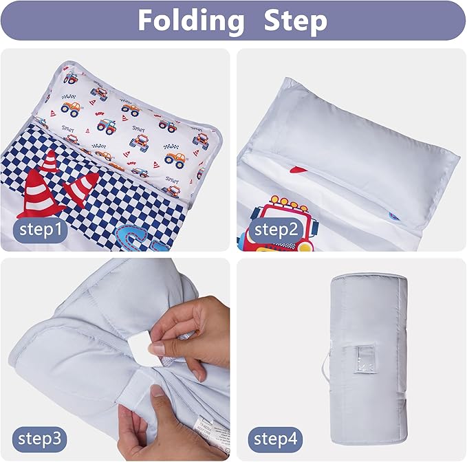 Toddler Nap Mat with Pillow and Minky Blanket 55''x35'' Toddler Sleeping Bag for Daycare, Preschool Travel Camping Mat Nap Mat for Boys and Girls