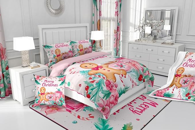 Feelyou Gingerbread Man Kids Comforter Set Full Size Merry Christmas Bedding Set Christmas Decor Duvet Quilt for Kids Boys Girls Bedroom Xmas Decor Microfiber Ultra Soft Breathable