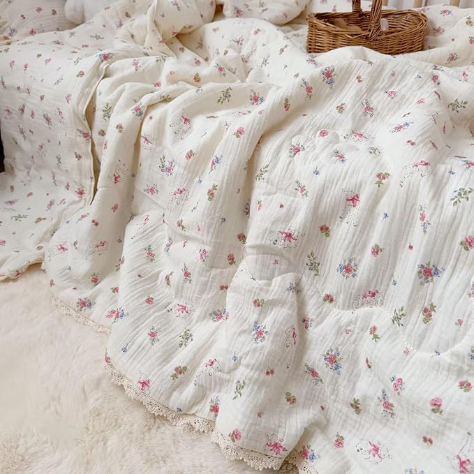 BuLuTu 100% Cotton Muslin Toddler Quilted Blanket for Girls Boys, Crib Toddler Bed Blankets with Cute Sheep Pink Flowers Print, Soft Lightweight Comforter for Young Children, 47x59 Inches